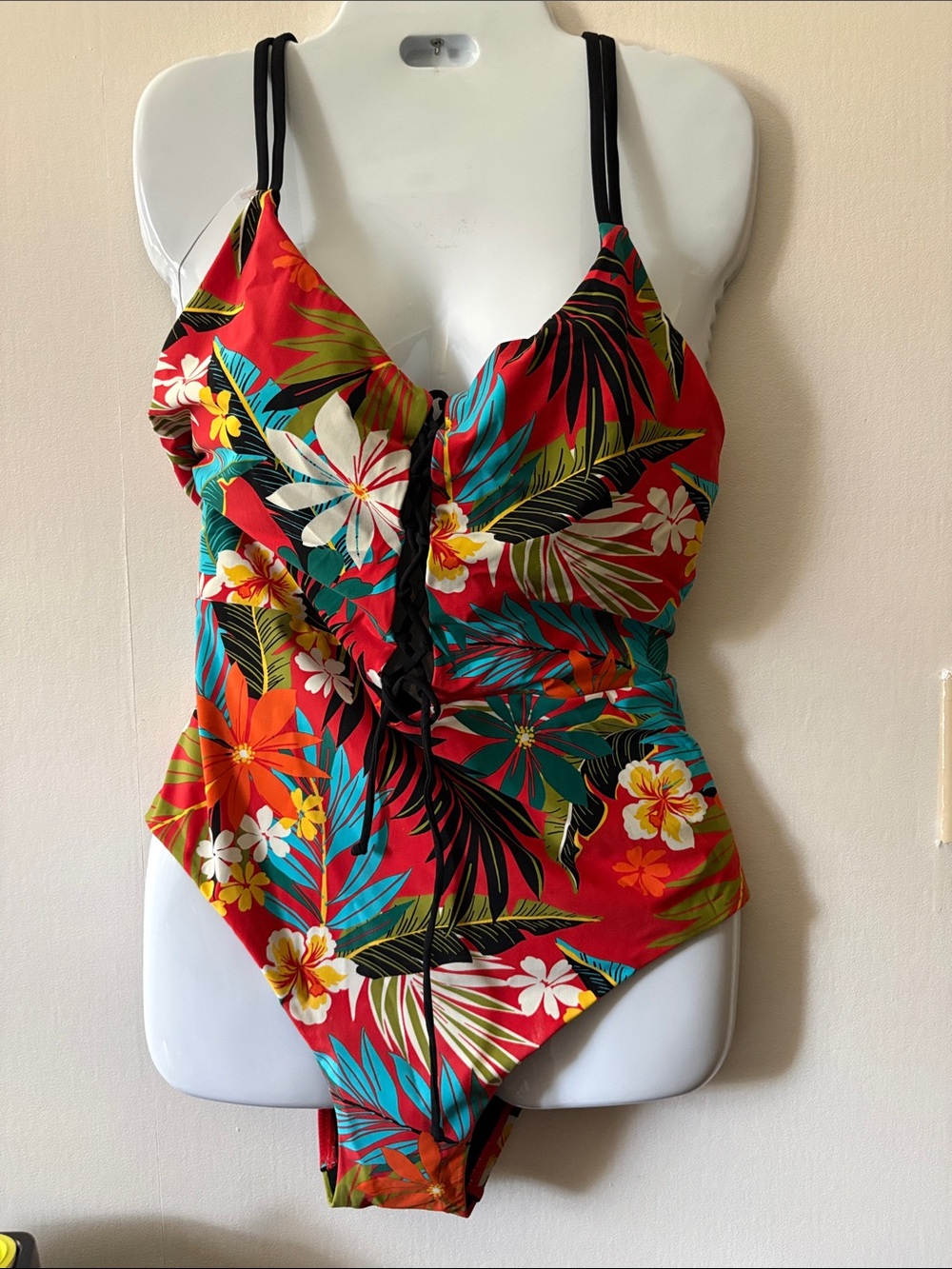 Red Tropical Floral One-Piece Swimsuit with Lace-Up Front